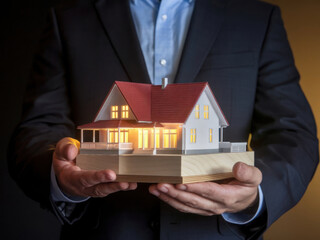 Empresario sosteniendo un modelo de una hermosa casa iluminada por luz interior
