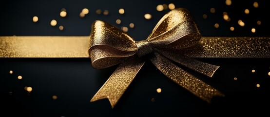  Elegant gold ribbon bow on dark background with shimmering highlights for luxury banner or celebration theme.