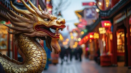 Fototapeta premium Majestic gold dragon statue in vibrant lantern-lit street during chinese new year celebration