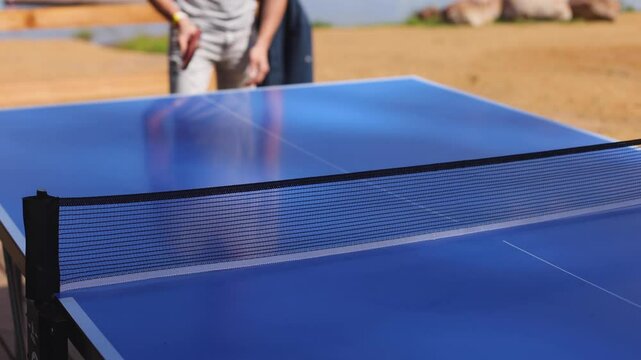 Ping-pong game, group of friends playing ping pong in a park,  play table tennis, family game in the backyard, colleagues teammates during competition at work, racket and ball on a blue tennis table