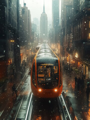 Dynamic urban scene featuring a vibrant orange train set against a rainy cityscape with skyscrapers, ideal for wall art or travel-themed designs.