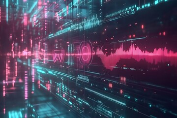 Obraz premium A futuristic digital landscape with neon data streams and sound wave visualizations.