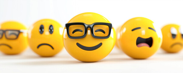 Fototapeta premium Group of Funny Emoji Balls with Glasses. A cheerful group of emoji balls showcasing a range of emotions, with a central happy emoji wearing glasses and grinning widely. 