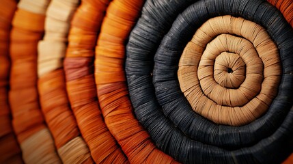 Fototapeta premium A clear picture of an intricate spiral pattern made from orange, black, yellow, and brown threads on a woven fabric