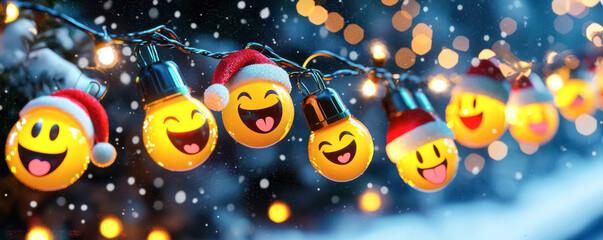 Fototapeta premium Smiling Christmas Lights on a Snowy Night. A playful image of glowing emoji decorations with Santa hats, spreading festive joy with bright lights and a snowy winter ambiance. 