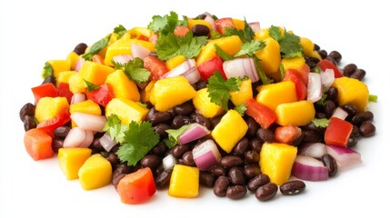 A colorful mango and black bean salad with diced mango, black beans, red bell peppers