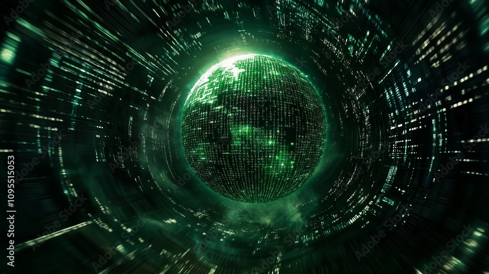 Poster binary code streams circling a holographic globe