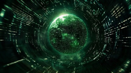 Binary code streams circling a holographic globe