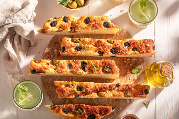 Fresh and traditional focaccia with fresh and vegan ingredients.