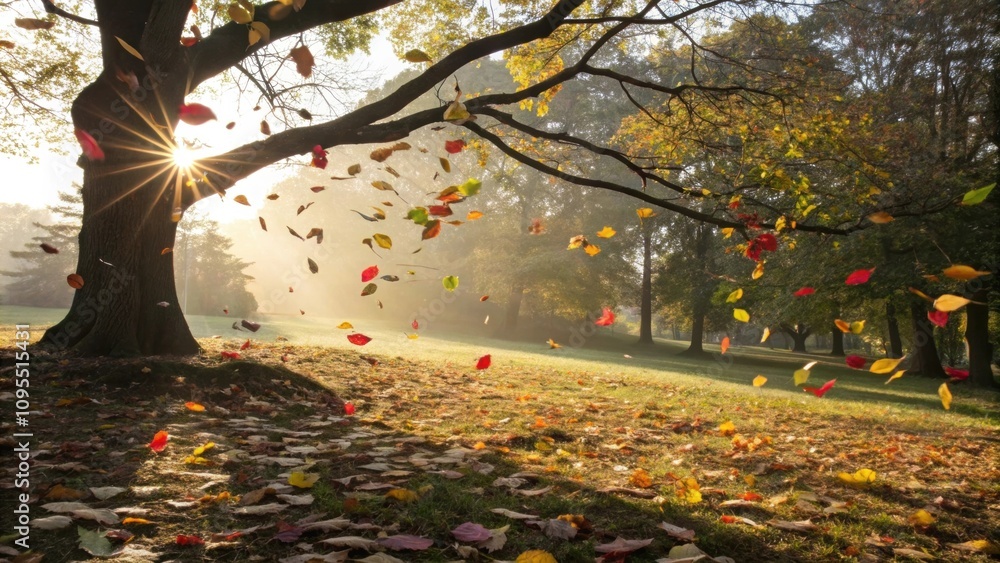 Poster brilliant sunlight filters through tree branches casting playful shadows on the ground where multico