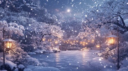 A serene winter landscape with snow-covered trees, lanterns, and a frozen waterway.