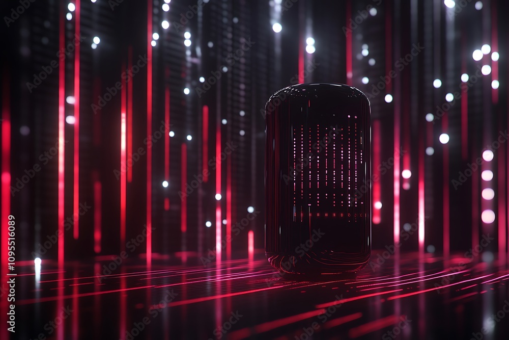 Poster a futuristic scene with a glowing object amidst vertical red and black light patterns.