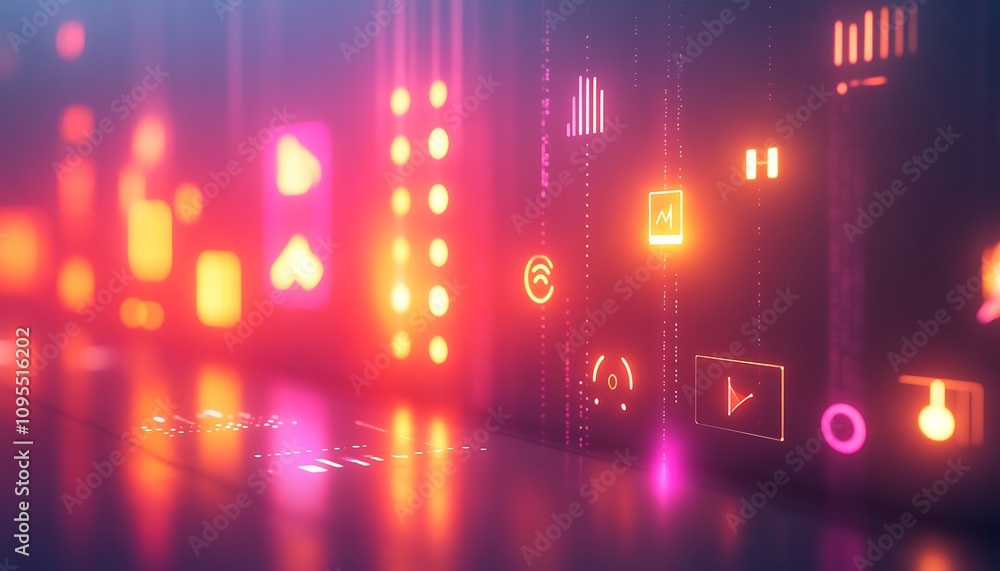 Poster abstract digital interface with vibrant icons representing data and analytics.