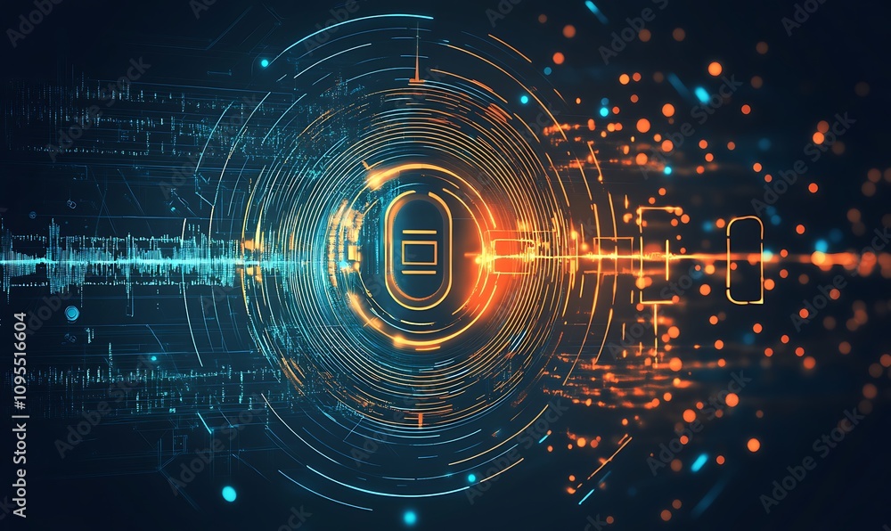 Poster abstract digital design featuring glowing lines and nodes, representing technology and data flow.