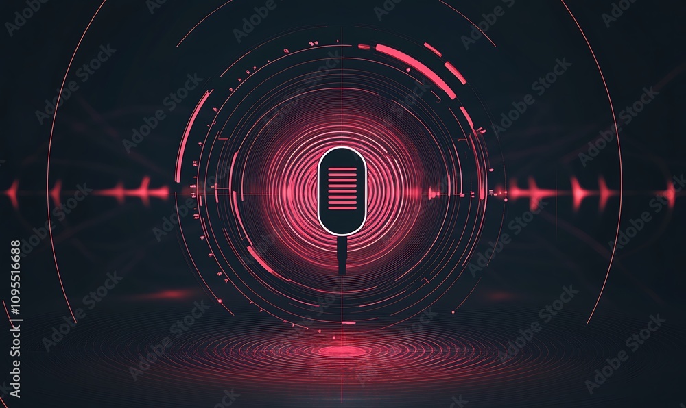 Poster abstract graphic of a microphone surrounded by sound waves and visual effects.