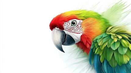   A detailed image of a vibrant bird with feathers covering its back and a striking parrot's head in shades of green, yellow, and red