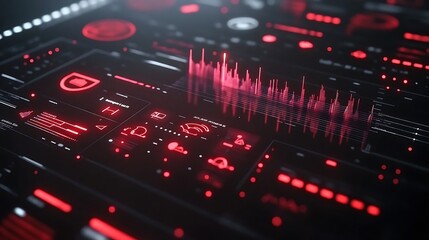 A futuristic interface displaying data visualizations in red tones.