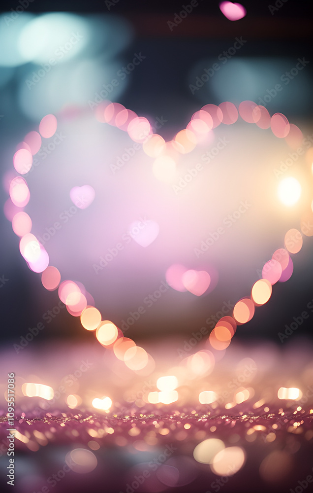 Poster heart made of light is shown in the image. the heart is surrounded by a blurry background