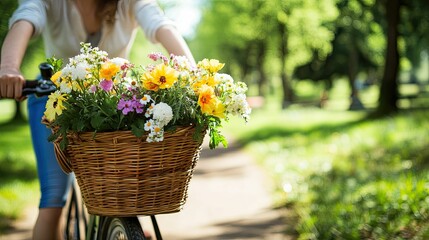 Woman cycling with flowers in a basket.
