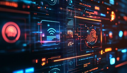 Obraz premium A futuristic digital interface with data visualizations and security elements.