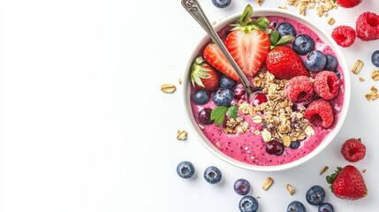 A colorful mixed berry smoothie bowl topped with sliced strawberries, blueberries, raspberries