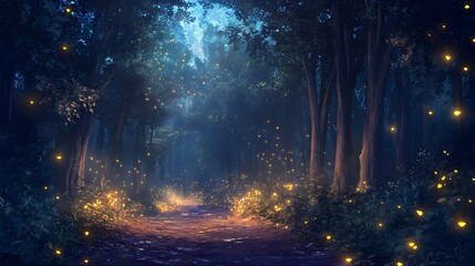 Obraz premium A fairytale forest at night illuminated by fireflies