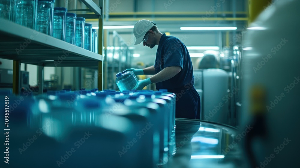 Poster Worker in Blue Uniform Handling Large Clear Containers in a Factory Setting