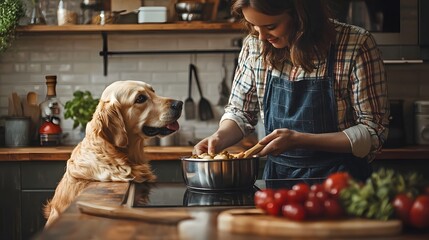 Naklejka na ściany i meble Happy woman with puppy in kitchen creating delicious homemade dog treats. National Cook for Your Pet Day. Healthy cooking and love for pets