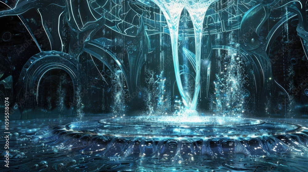 Poster a surreal fountain with streams of water that appear to be suspended in midair forming intricate pat