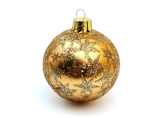 A golden Christmas ball with glittering star pattern on white background