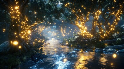 A serene, illuminated forest scene with a flowing stream and glowing lights.