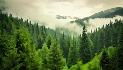  Misty landscape with fir forest in hipster vintage retro style 