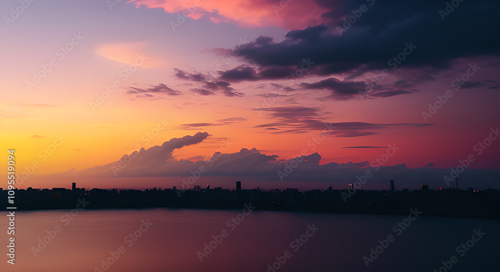 Poster city skyline is visible in the background of a beautiful sunset. the sky is filled with clouds and t