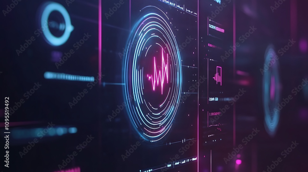 Poster abstract visualization of sound waves and data metrics in vibrant colors.