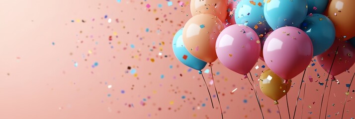 A bunch of colorful balloons with confetti falling around them