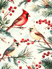 Scattered holiday cards featuring watercolor birds, cardinals, doves, and winter berries, natural holiday theme