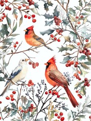 Scattered holiday cards featuring watercolor birds, cardinals, doves, and winter berries, natural holiday theme