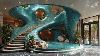 Internal staircase of a fantasy house in green color