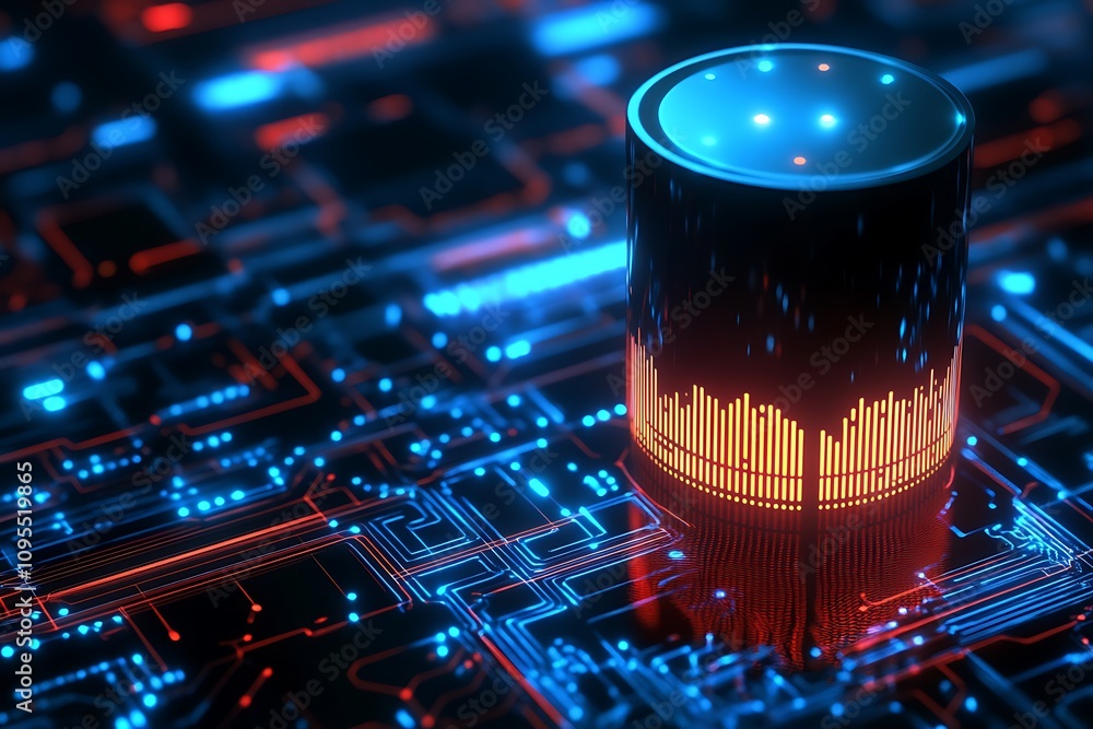 Poster a futuristic sound wave visualizer on a circuit board background.