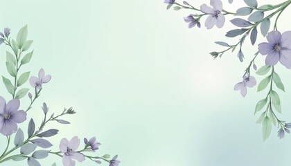 Soft pastel floral background with delicate purple flowers and green leaves, minimalistic design on a light gradient backdrop, ideal for invitations, greeting cards, or romantic themes