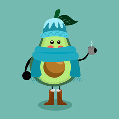 adorable cute avocado in hat and scarf clipart holding hot coffe, perfect to sticker, mascot, clipart
