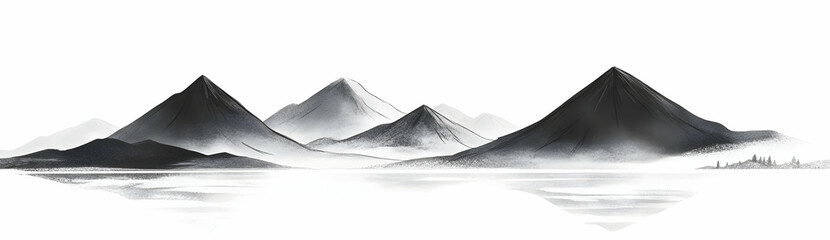 Hand-Drawn Black and White Landscape Featuring Majestic Mountains With Peaceful Waters and Soft Fog Creating a Tranquil Atmosphere for Art Lovers and Nature Enthusiasts