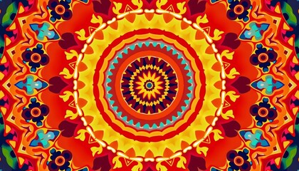 Colorful abstract mandala design with vibrant red, yellow, and blue patterns, intricate symmetrical details, ideal for artistic, cultural, and mindfulness-related projects