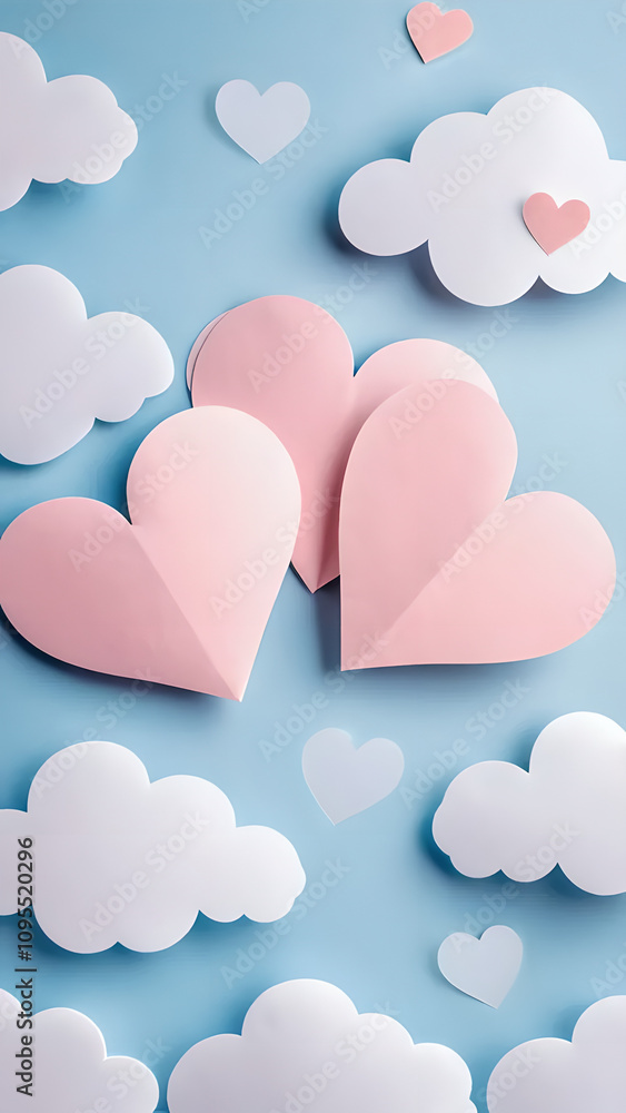 Poster blue background with clouds and hearts. the hearts are pink and are scattered throughout the image