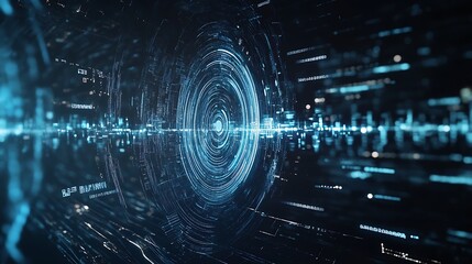 Abstract digital visualization with concentric circles and data streams in a futuristic style.