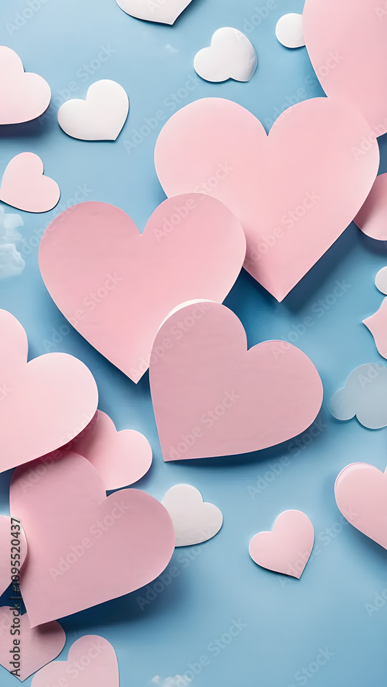 Aufkleber blue background with pink hearts scattered all over it. the hearts are of different sizes and are pl
