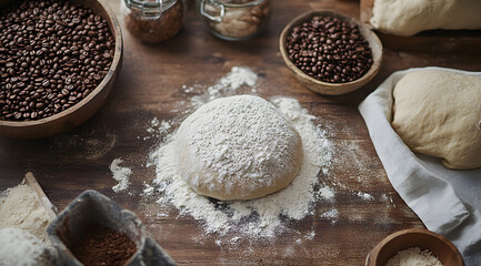 Fototapeta premium A rustic kitchen scene featuring flour, coffee beans, and dough, creating an inviting atmosphere for baking and cooking.