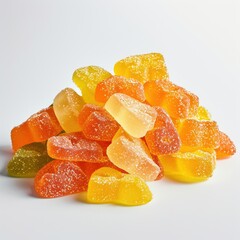 Omega drop shape gummies pile isolated on floor  closeup shot gummy orange lemon yellow gummies
