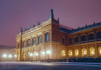 Nighttime View of the Stunning Art Museum Facade in Turin with Illuminated Architecture Against a Colorful Evening Sky