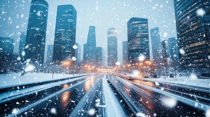 A snowy urban landscape with skyscrapers and a road, evoking a serene winter atmosphere.